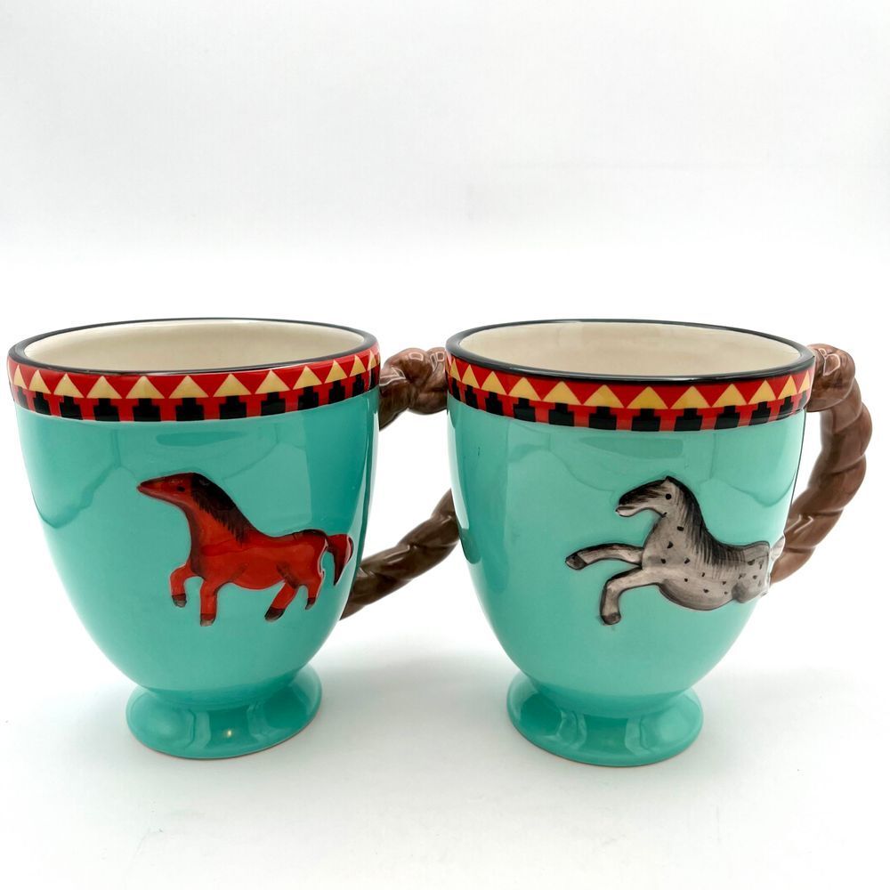 (2) CRACKER BARREL Pair of Mugs Horse Western Native Turquoise Cowboy BRAND NEW